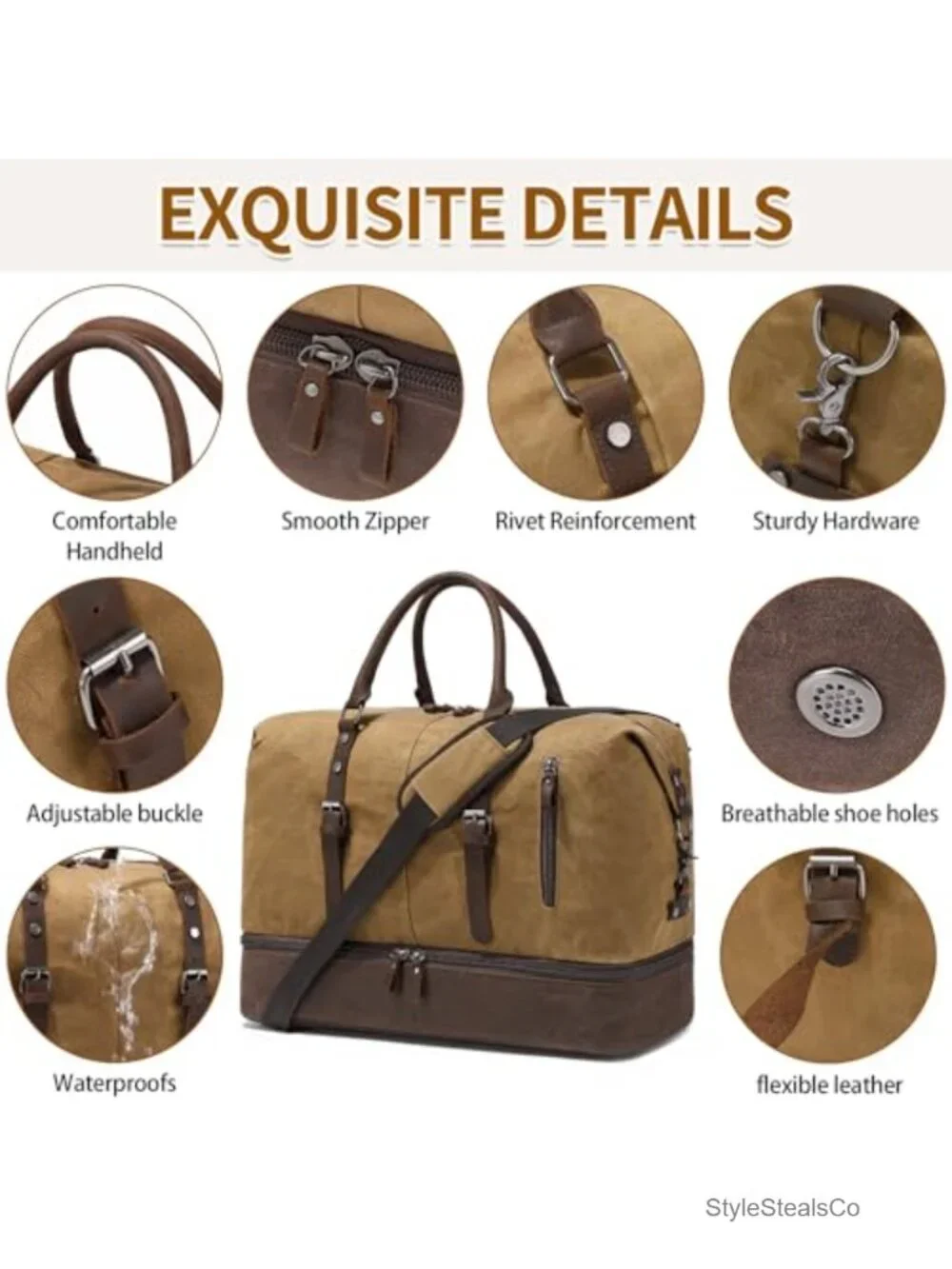 Canvas Waxed Weekender Bag with Shoe Compartment - Travel Duffel
